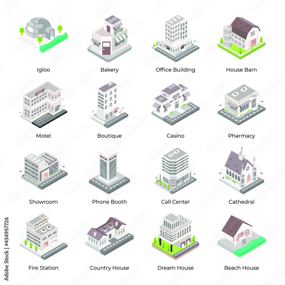 Set of City Buildings Isometric Icons
