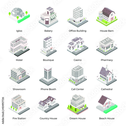 Set of City Buildings Isometric Icons
