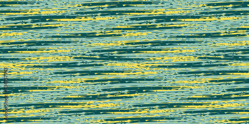 Abstract painterly flame stitch vector seamless border background. Banner with malachite green and yellow blended irregular stripes. Layered ink paint effect. Texture weave for ribbon, edging, trim