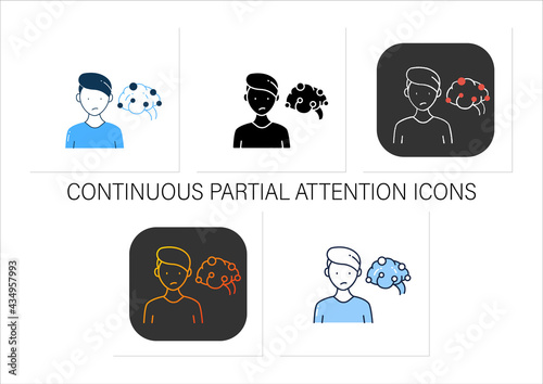 Continuous partial attention icons set. Simultaneously pay attention to several sources of information. Collection of icons in linear, filled, color styles. Isolated vector illustrations