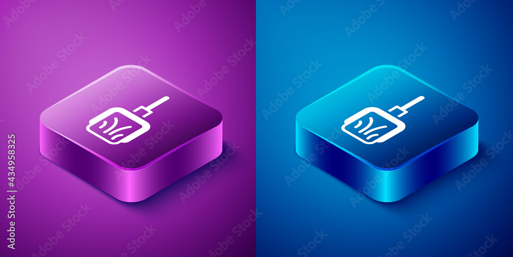 Isometric Dustpan icon isolated on blue and purple background. Cleaning scoop services. Square button. Vector Isometric Dustpan icon isolated on blue and purple background. Cleaning scoop services. Square button. Vector