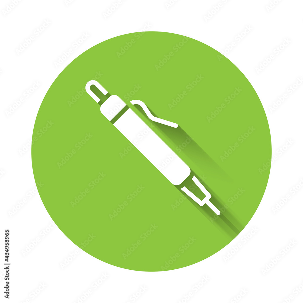 White Pen icon isolated with long shadow. Green circle button. Vector White Pen icon isolated with long shadow. Green circle button. Vector