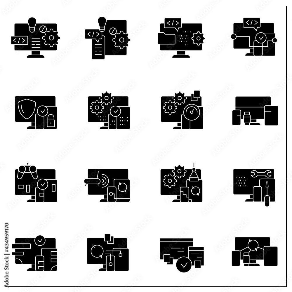 Cross platform glyph icons set. Programming environment. Platform for creating new operating systems. Synchronic between devices.Filled flat signs. Isolated silhouette vector illustrations Cross platform glyph icons set. Programming environment. Platform for creating new operating systems. Synchronic between devices.Filled flat signs. Isolated silhouette vector illustrations