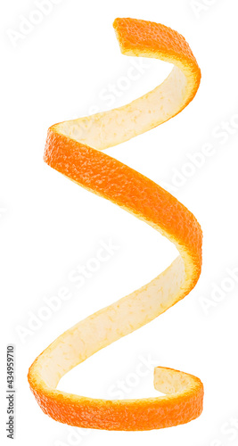 Vertical image of fresh orange peel isolated on a white background. Cocktail ingredient.