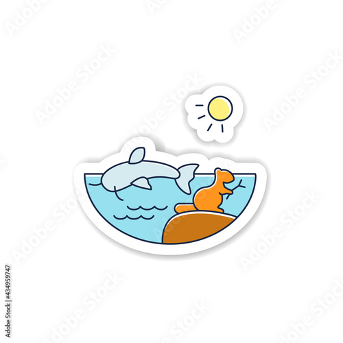 Freshwater sticker icon. Water except seawater and brackish water badge for designs. Living place for fish, crawfish, beaver. Riverscape vector emblem