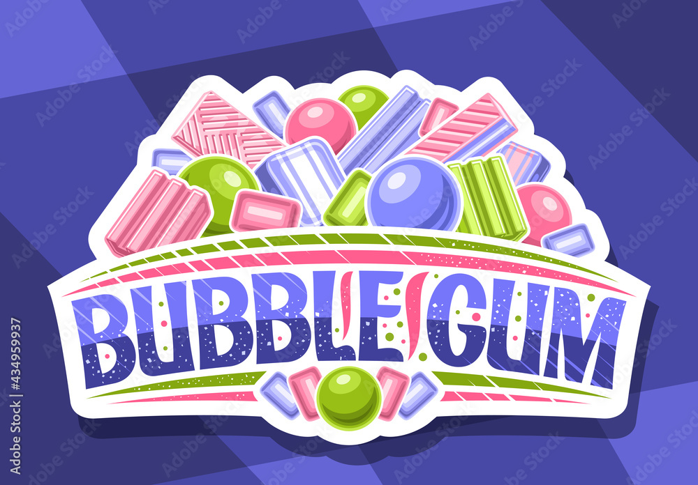 Vector logo for Bubble Gum, decorative cut paper sign board with illustration of various colorful bubblegums and candy, white badge with unique brush lettering for words bubble gum on blue background.