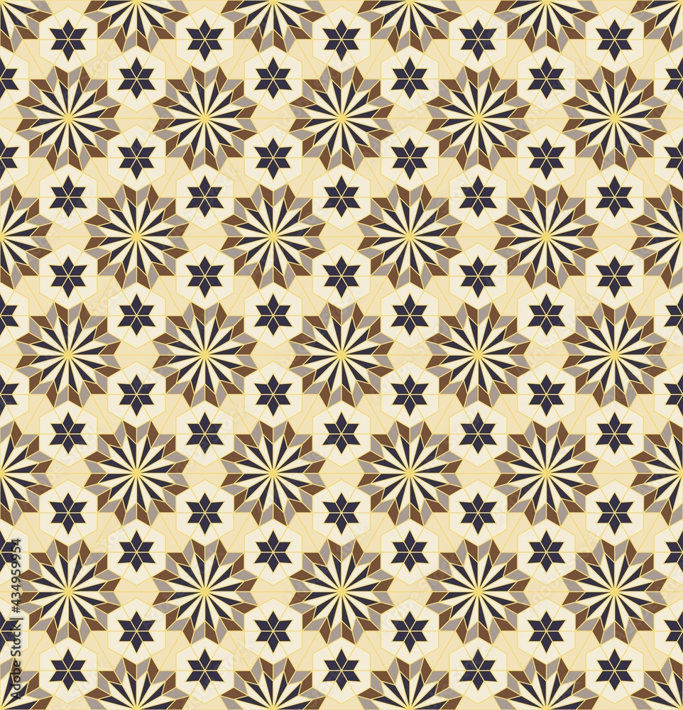 Vector islamic persian star hexagon geometric shape seamless pattern beige color background. Use for fabric, textile, interior decoration elements.