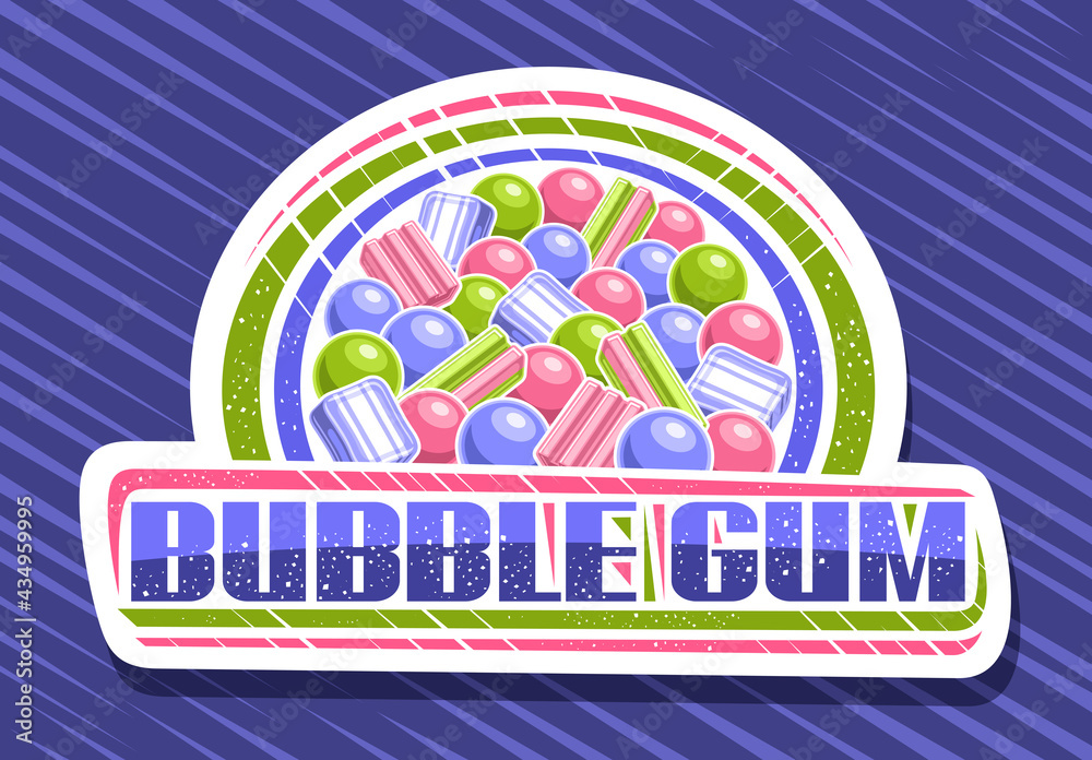 Vector logo for Bubble Gum, decorative cut paper signboard with illustration of different colorful bubblegums and candy, white badge with unique brush lettering for words bubble gum on blue background