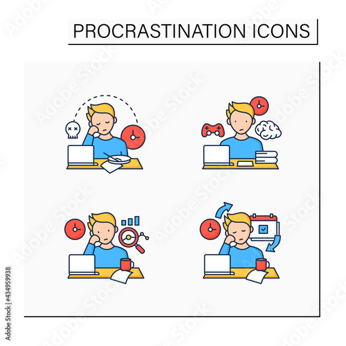 Procrastination color icons set. Laziness, brain procrastination, statistics, chronic. Overwhelmed concept. Isolated vector illustrations