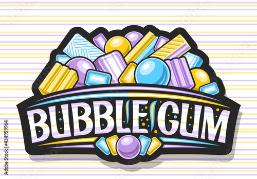 Vector logo for Bubble Gum, dark decorative signboard with illustration of variety colorful bubblegums and blue candies, badge with unique brush lettering for words bubble gum on striped background.