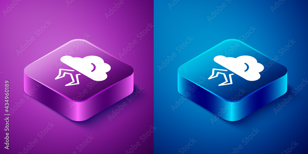 Isometric Storm icon isolated on blue and purple background. Cloud and lightning sign. Weather icon of storm. Square button. Vector Isometric Storm icon isolated on blue and purple background. Cloud and lightning sign. Weather icon of storm. Square button. Vector