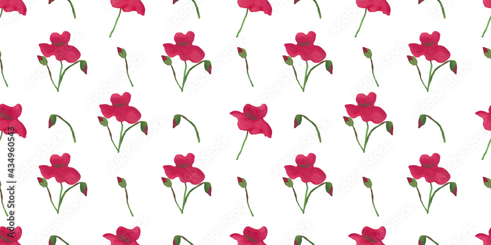 Seamless pattern with red poppies flowers  and green buds on white background. Hand-drawn in oil  pastels. Tender and romantic design for wedding decorations, invitations, postards, wrapping paper