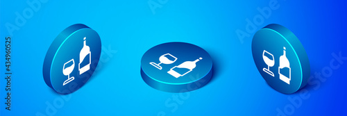 Isometric Wine bottle with glass icon isolated on blue background. Blue circle button. Vector