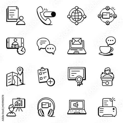 Pack of Network and Communication Doodle Icons

