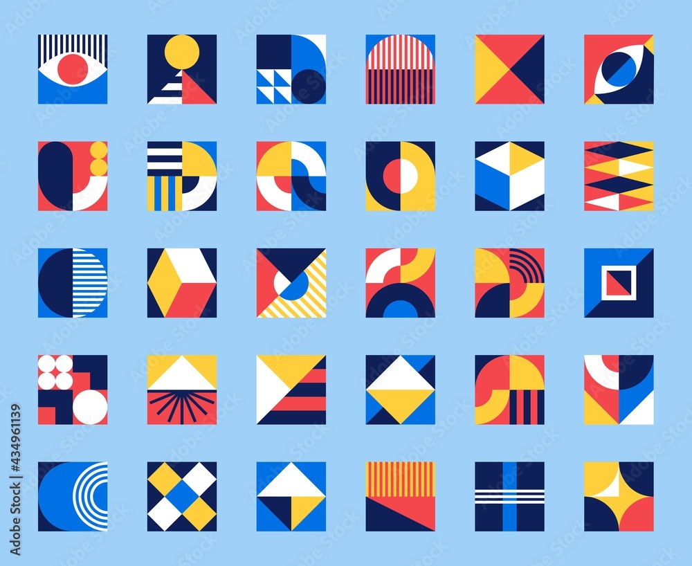 Bauhaus forms. Square tiles with modern geometric patterns with abstract figures and shapes. Contemporary graphic bauhaus design vector set Bauhaus forms. Square tiles with modern geometric patterns with abstract figures and shapes. Contemporary graphic bauhaus design vector set