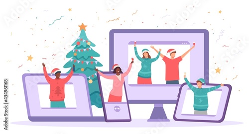Virtual christmas party. Happy people safely celebrate new year. Friends video chat gathering, quarantine holiday celebration vector concept
