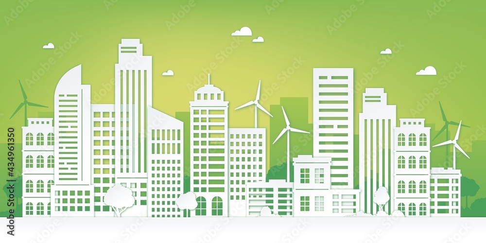 Paper cut eco city. Green urban landscape with skyscraper, trees and wind turbines. Sustainable lifestyle and clean energy vector concept