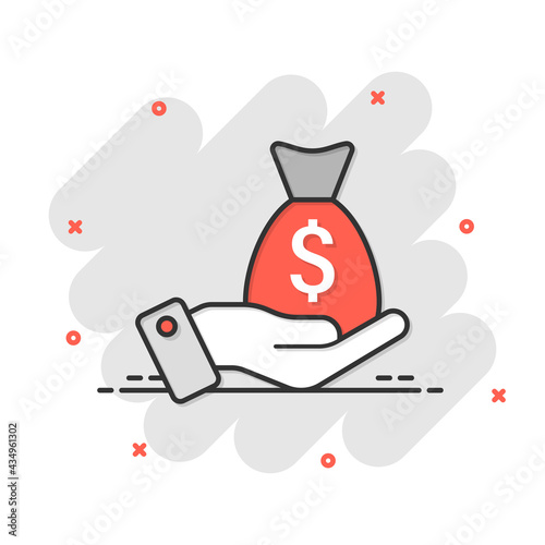 Remuneration icon in comic style. Money in hand cartoon vector illustration on white isolated background. Banknote payroll splash effect business concept.