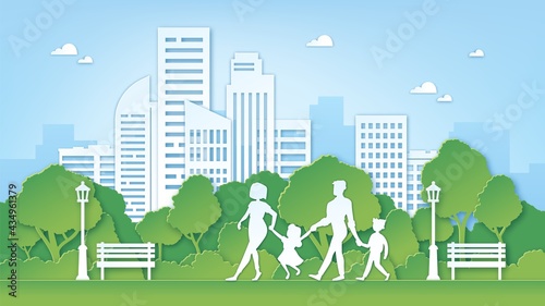 Paper art family in park. Green city environment with trees. Parents and kids walk outdoor. Paper cut clean nature landscape vector concept