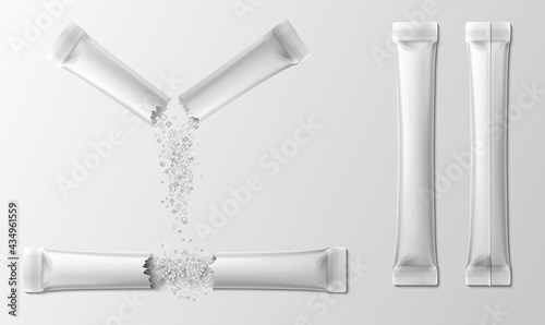 Sachet with sugar. Realistic torn salt or coffee stick pack with falling crystals. Plastic package for powder products. 3d mockup vector set