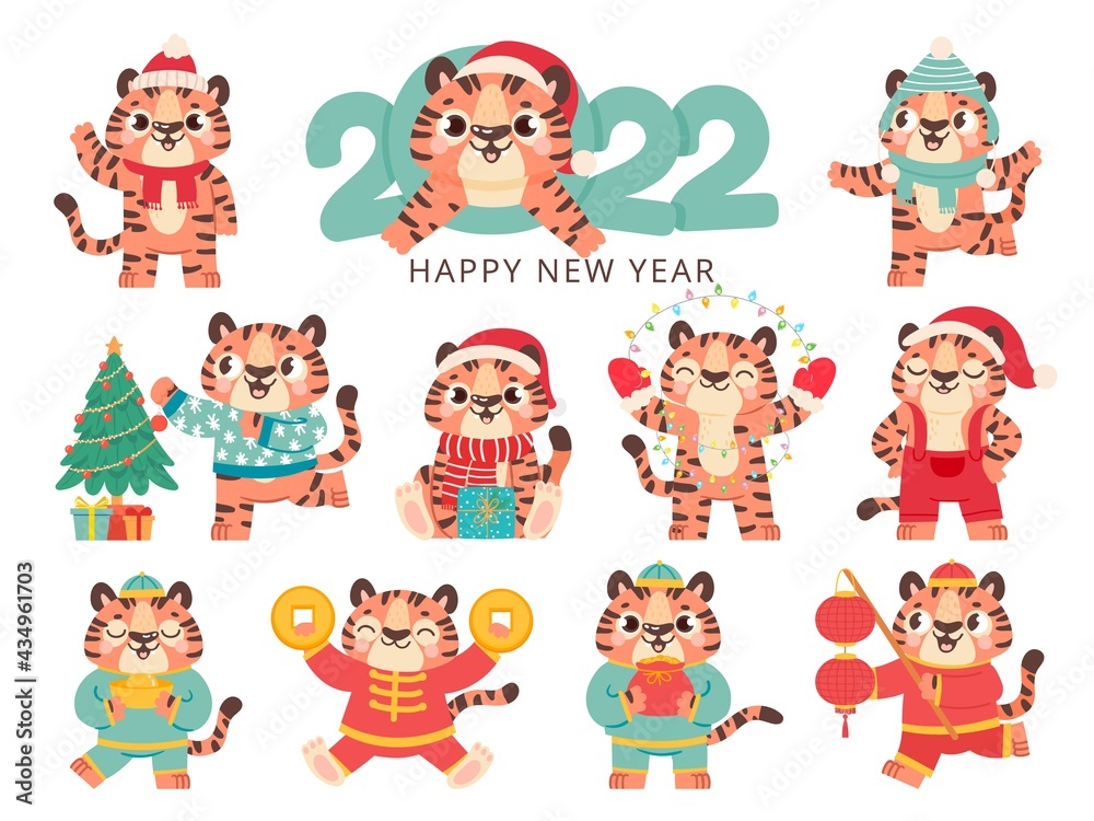 Cute tiger 2022. Chinese happy new year symbol tigers in traditional costume with gold. Merry christmas baby animal in santa hat vector set