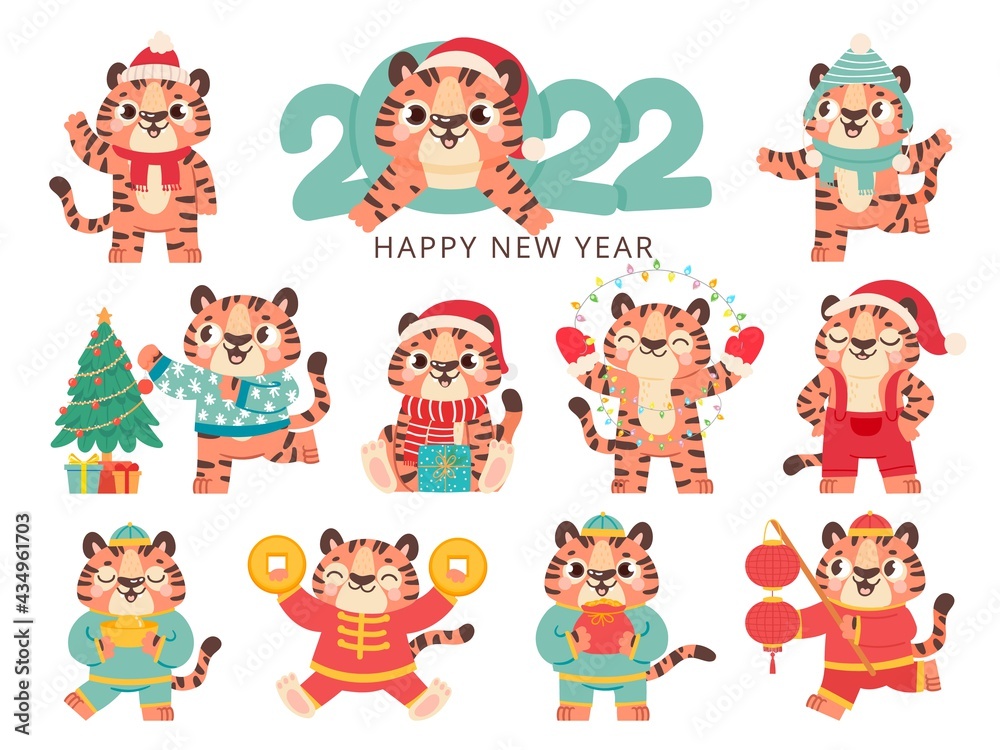 Cute tiger 2022. Chinese happy new year symbol tigers in traditional costume with gold. Merry christmas baby animal in santa hat vector set Cute tiger 2022. Chinese happy new year symbol tigers in traditional costume with gold. Merry christmas baby animal in santa hat vector set