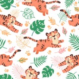 Baby tiger seamless pattern. Cute childish cartoon tigers, paw prints and tropical leaves. Jungle animal, wild cats, kids vector wallpaper