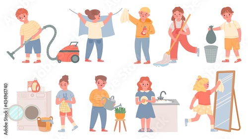 Kids housework. Children doing chores, cleaning, wash dishes, laundry, mopping floor and vacuum. Boys and girls help clean home vector set © Tartila