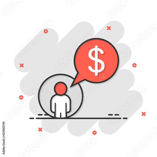 People with money icon in comic style. Investor cartoon vector illustration on white isolated background. Businessman splash effect business concept.