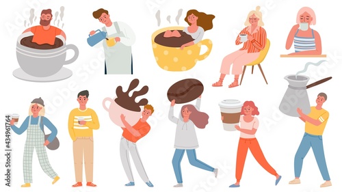 Coffee people. Men and women with hot morning drinks, sit in giant cup and hold cezve. Characters on coffee break at cafe or home vector set
