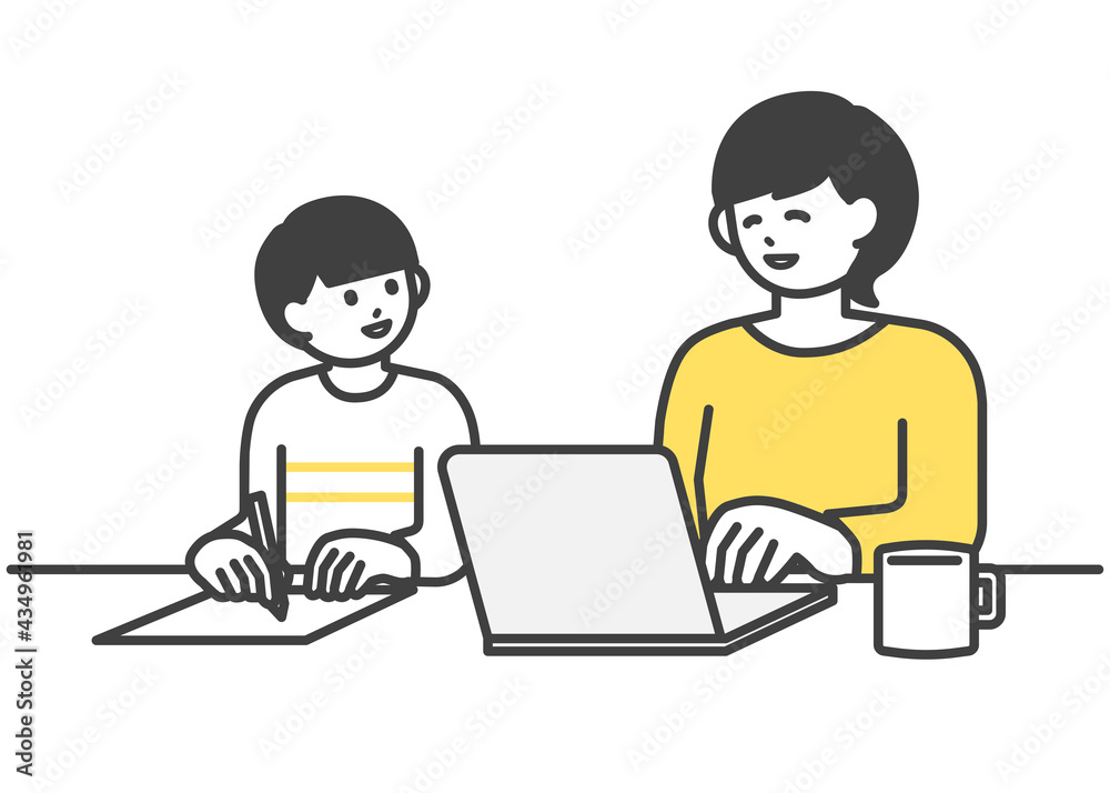 子育てしながらテレワークする女性のイラスト素材 子育てしながらテレワークする女性のイラスト素材