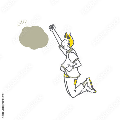ジャンプして喜ぶ男性　シンプルでお洒落な線画イラスト © fumi