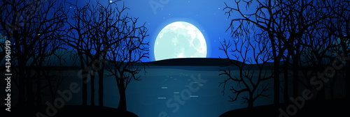 Moon night landscape panorama over the lake. Vector