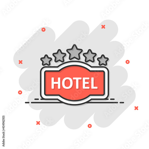 Hotel 5 stars sign icon in comic style. Inn cartoon vector illustration on white isolated background. Hostel room information splash effect business concept.