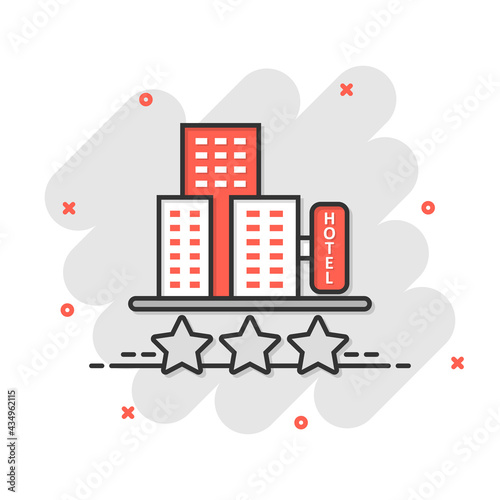 Hotel 3 stars sign icon in comic style. Inn building cartoon vector illustration on white isolated background. Hostel room splash effect business concept.