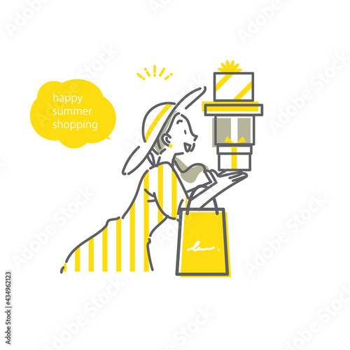 サマーセール　ショッピングを満喫する女性　シンプルでお洒落な線画イラスト