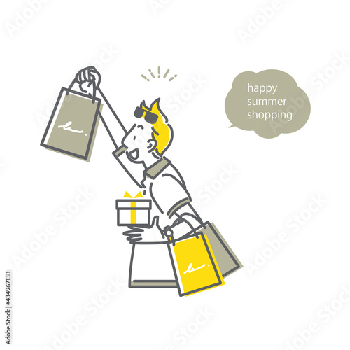 サマーセールを満喫する男性　シンプルでおしゃれな線画イラスト