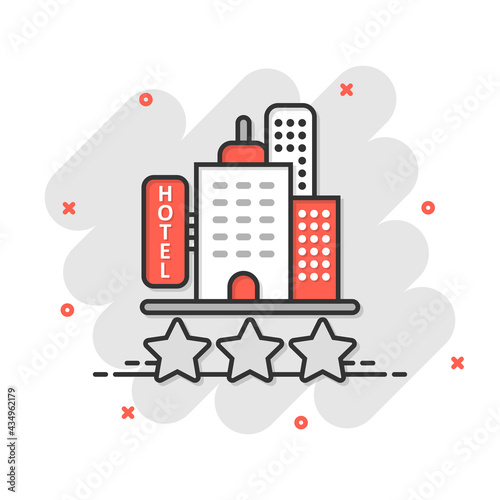 Hotel 3 stars sign icon in comic style. Inn building cartoon vector illustration on white isolated background. Hostel room splash effect business concept.