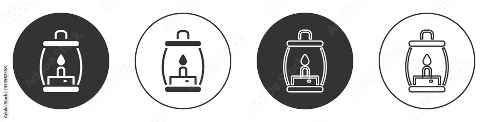 Black Camping lantern icon isolated on white background. Happy Halloween party. Circle button. Vector Black Camping lantern icon isolated on white background. Happy Halloween party. Circle button. Vector