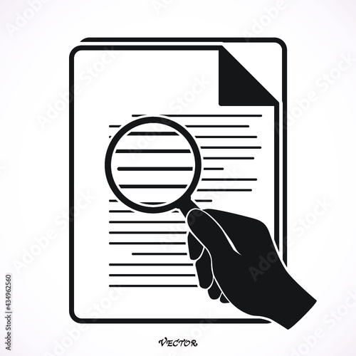 Hand holding magnifier and paper document. Business concept. Reading, viewing and studying. Search for information. Vector illustration flat design.