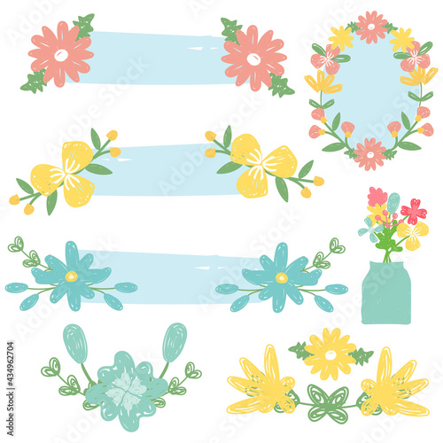 Set of floral decorations in hand drawn style. Flowers bouquet collection. Doodle design. Vector illustration.