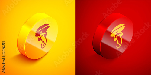 Isometric Psilocybin mushroom icon isolated on orange and red background. Psychedelic hallucination. Circle button. Vector