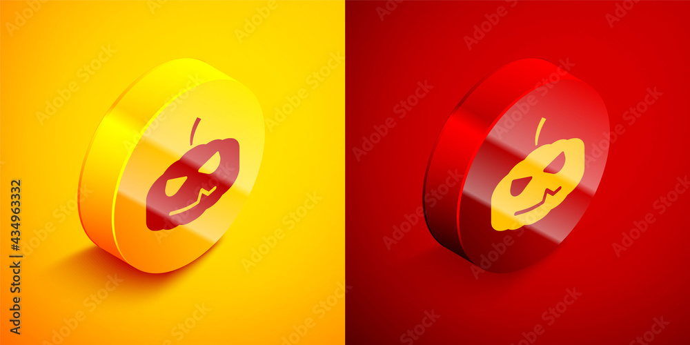 Isometric Pumpkin icon isolated on orange and red background. Happy Halloween party. Circle button. Vector Isometric Pumpkin icon isolated on orange and red background. Happy Halloween party. Circle button. Vector