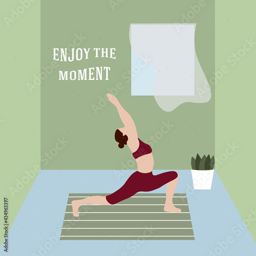 yoga pose illustration, sport, happy girl, health, enjoy the moment quote concept card, poster, room, window