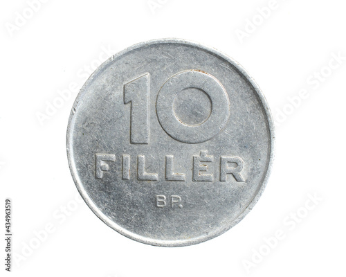 Hungary ten filler coin on white isolated background