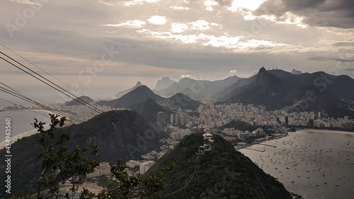 Landscape Panorama of Rio de Janeiro with Copa Cabana, cloudy sky, moody light, beaches and skyline