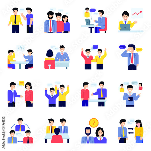 Flat Character Icons of Meetings, Discussion and Workplace

