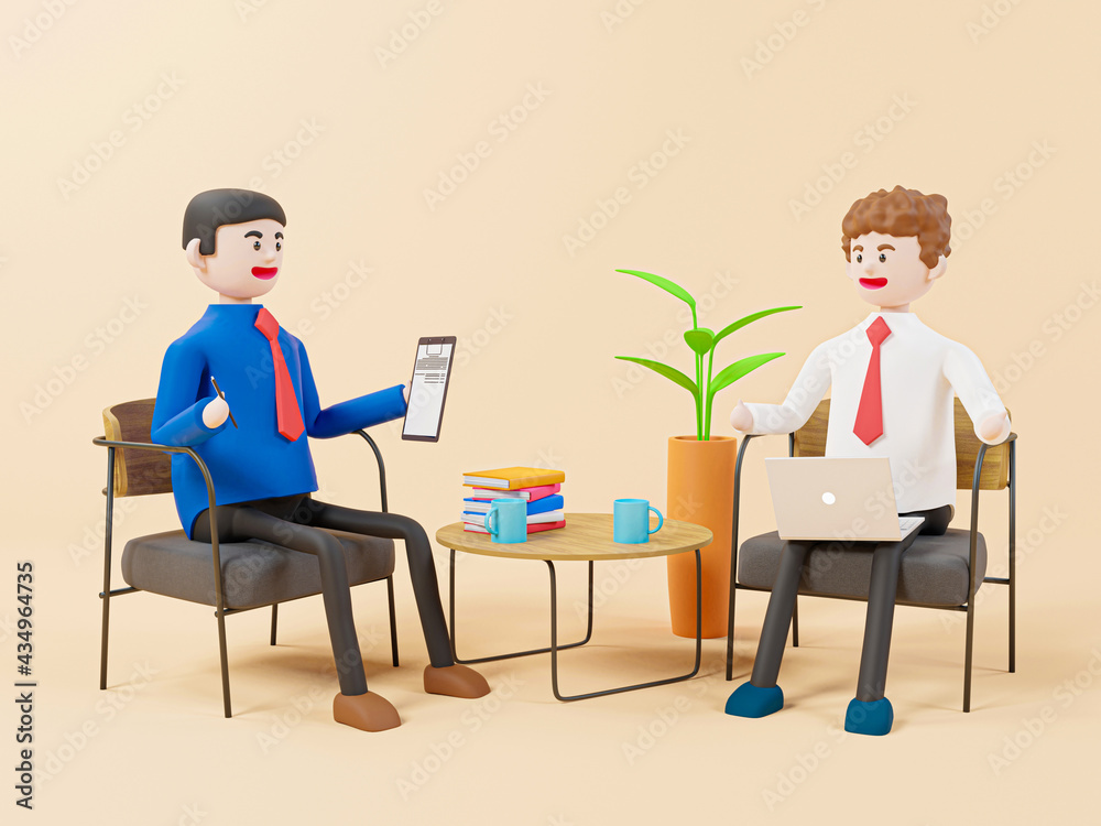3D Cartoon characters Two businessman with laptops sitting in armchairs, saving money concept - 3d illustration.