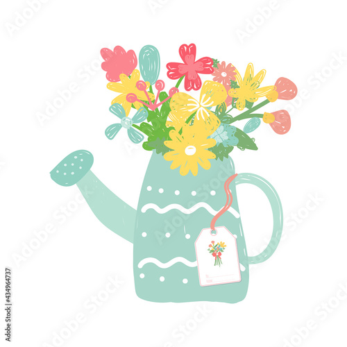Bouquet of flower in watering can hand drawn style. Bouquet with gift tag hand sketches. Doodle design. Vector illustration.