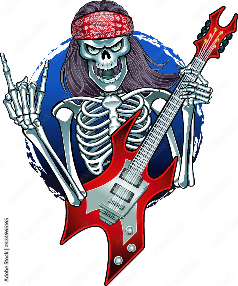 heavy metal skeleton showing sign of the horn human skeleton playing on  electric guitar Stock Vector | Adobe Stock